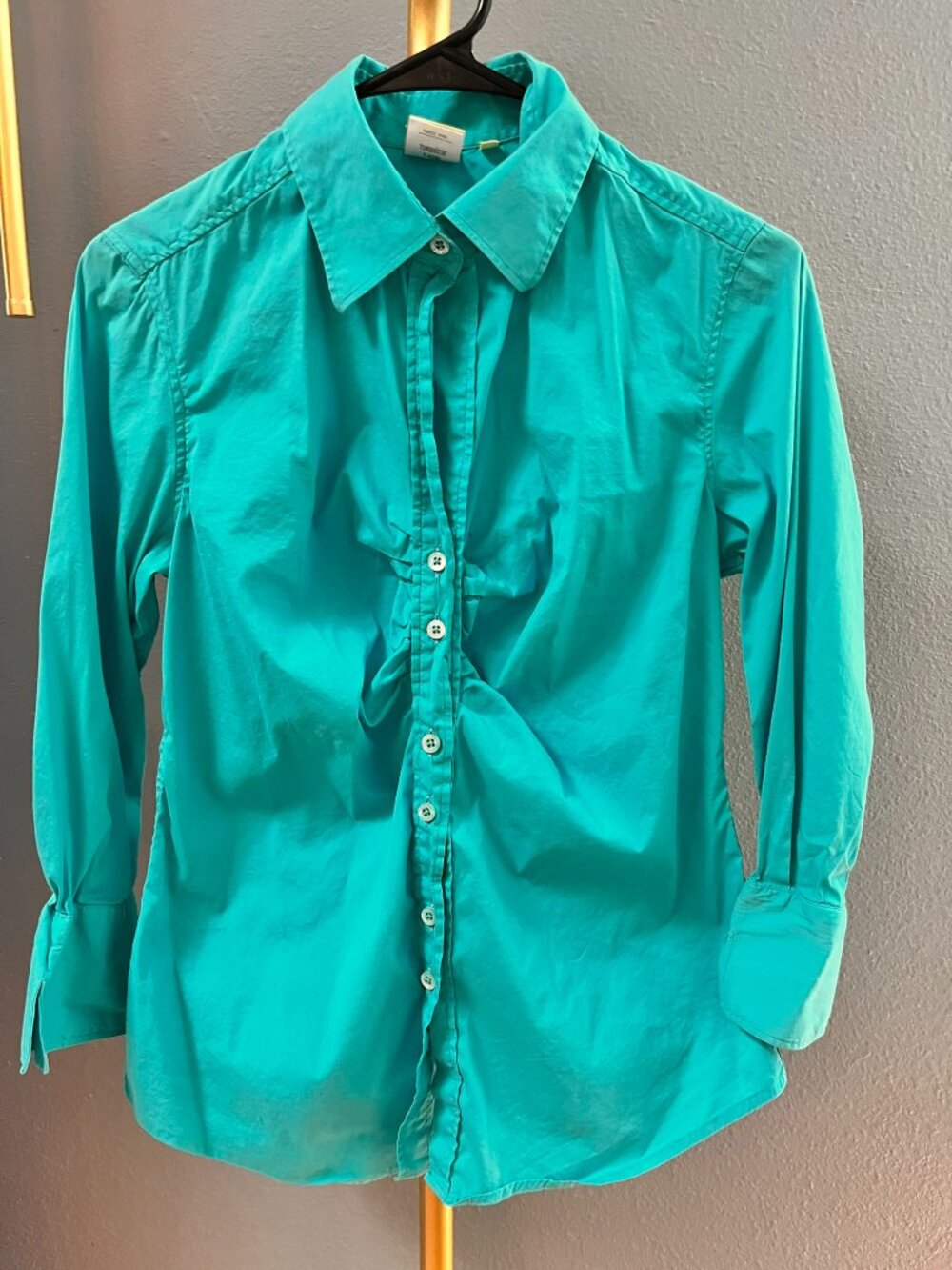 Vintage Craig Taylor Shirt Small Turquoise Teal Ruched Front Cotton Button Down